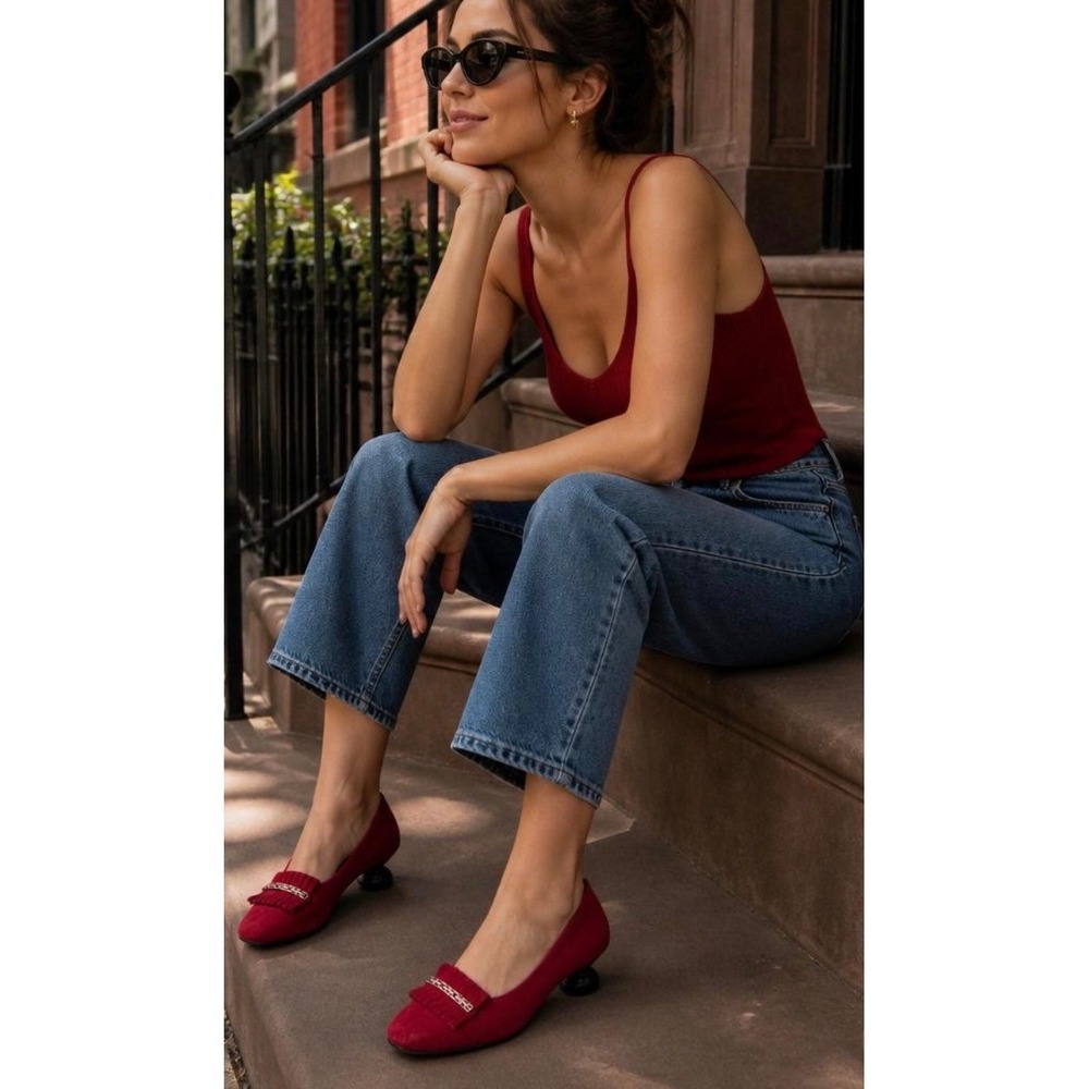 Arthur Beren Shoes Red Suede Kitten Heel Loafers Size 8.5‎
